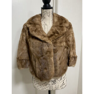 Mink Fur Stole Womens Brown Wrap Collared Satin Lining Embroidered 1940s-50s